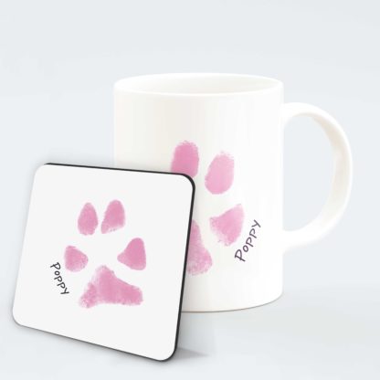 personalised-Dog-paw-print-mug-pink-4-with-coaster