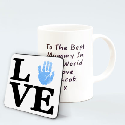 personalised-Love-letters-mug-blue-hand-4-with-coaster