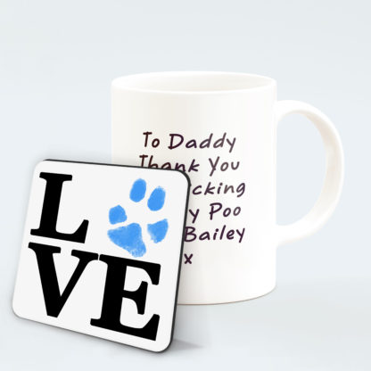 personalised-Love-mug-with-blue-pawprint-and-coaster