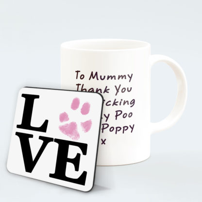 personalised-Love-mug-with-pink-pawprint-and-coaster