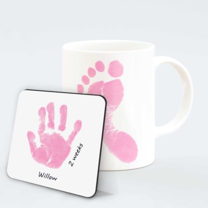 personalised-Pink hand-footprint mug-4-with-coaster