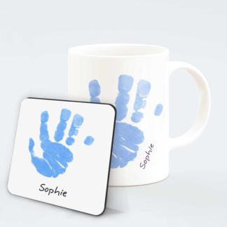 personalised-blue-footprint-handprint mug-4 with-coaster