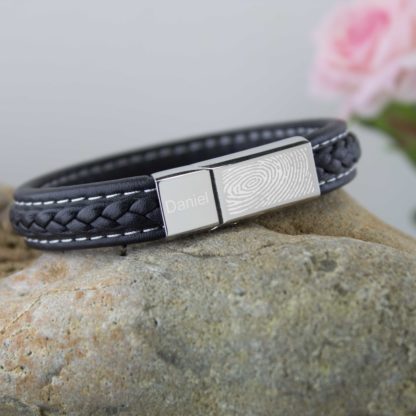 Leather-memorial-fingerprint-bracelet-black-stitched-personalised