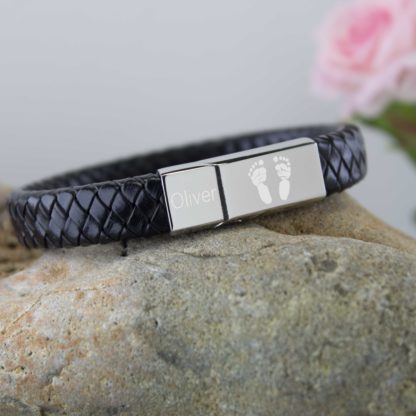 Leather-footprint-bracelet-black-personalised