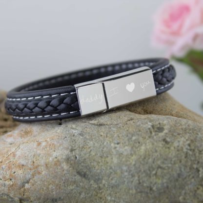 personalised-memorial-handwriting-Leather-handwritten-bracelet-black-stitched