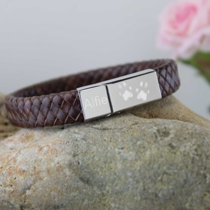 personalised-memorial-Leather-paw-print-bracelet-brown
