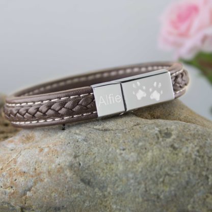 personalised-memorial-Leather-paw-print-bracelet-brown-stitched