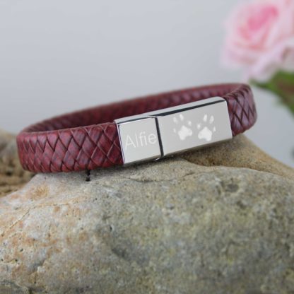 personalised-memorial-Leather-pawprint-bracelet-red