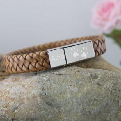 personalised-memorial-Leather-pawprint-bracelet-tan