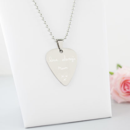 personalised-stainless-steel-engraved-handwritten-plectrum-pendant-memorial-handwriting-necklace